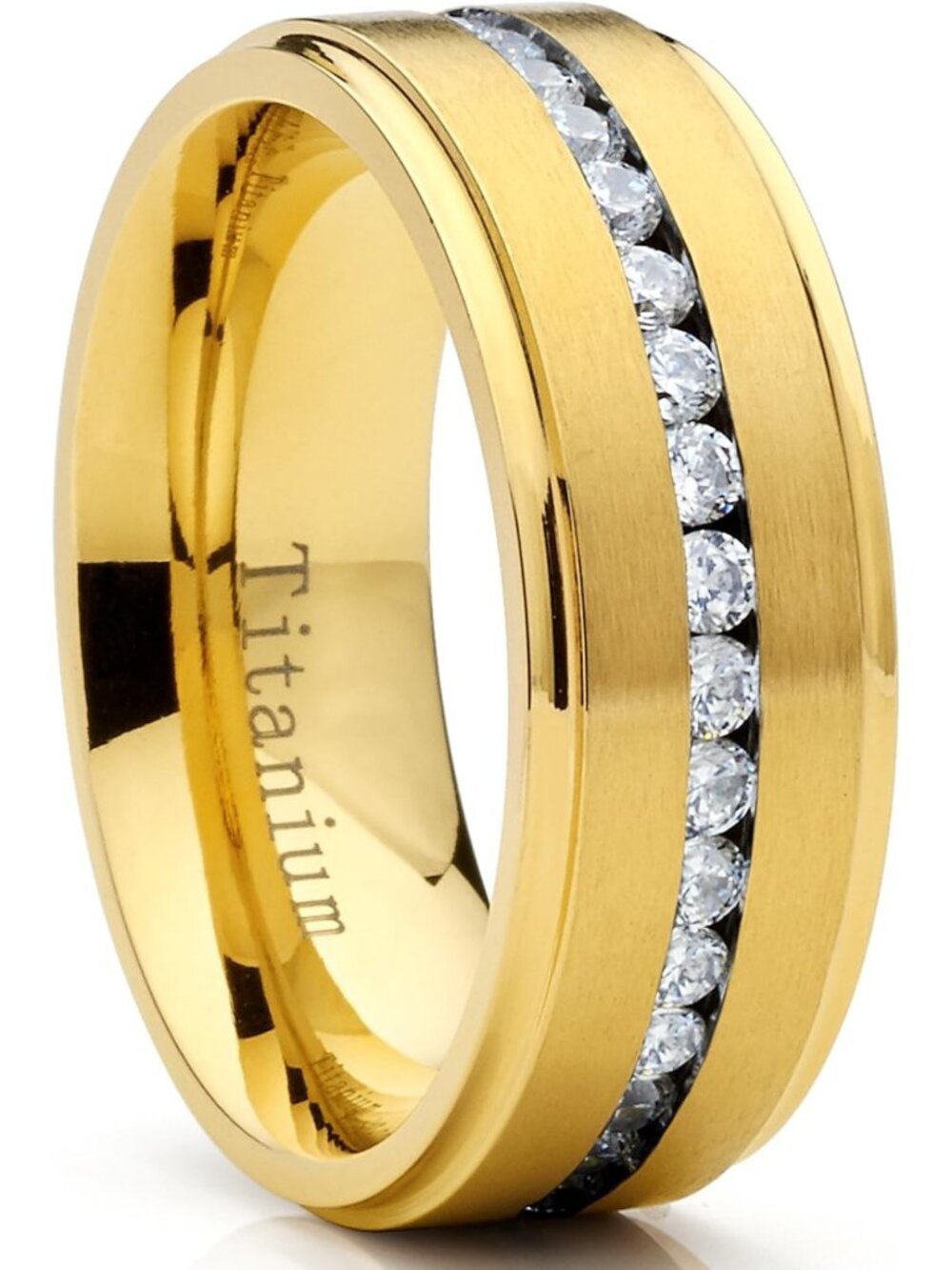 Gold Tone Titanium Men's Eternity Wedding Band Ring, 8mm Comfort Fit, CZ Accent